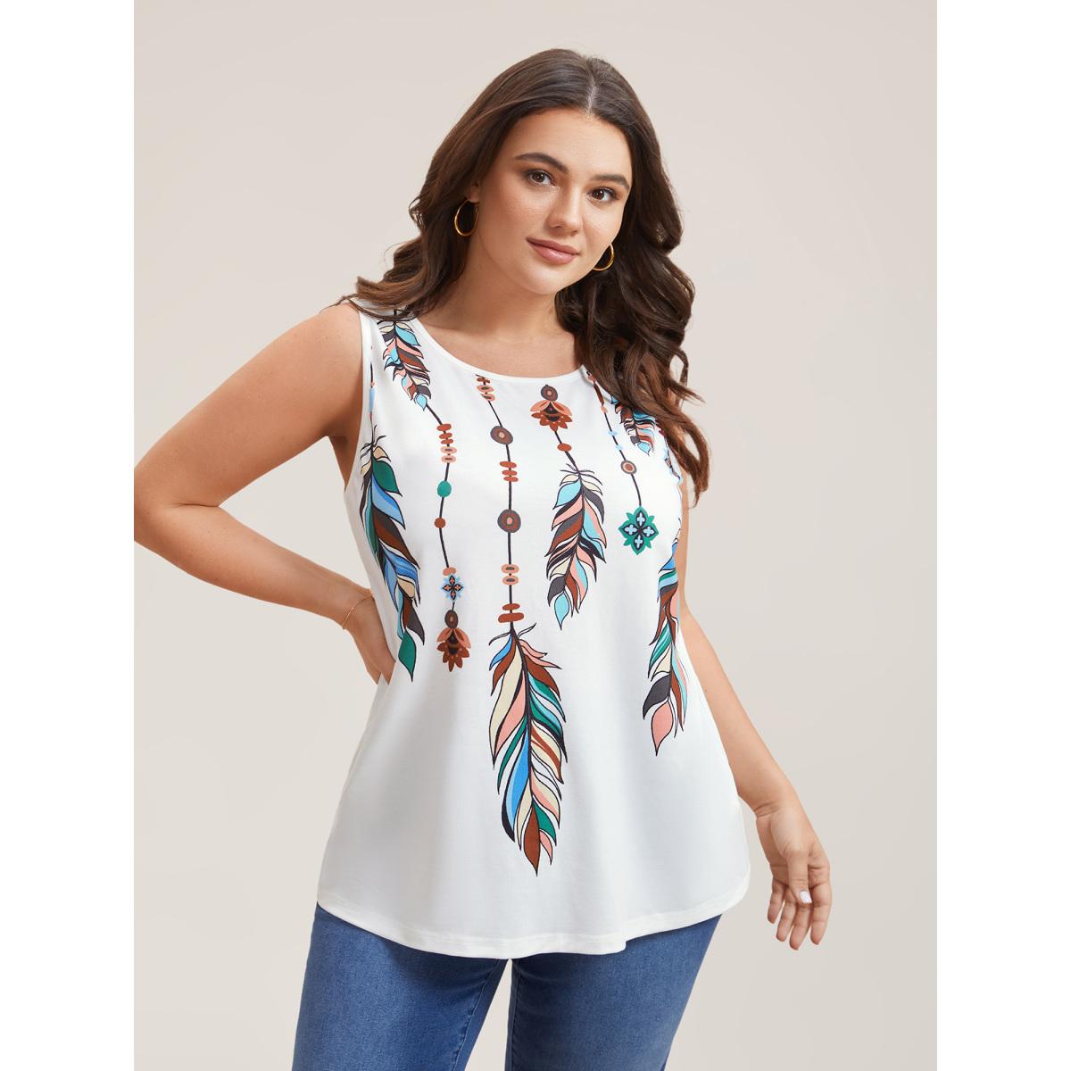 Plus Size Multi-Color Feather Print Stretchy Vest Women Opticwhite Casual Non Round Neck Everyday Tank Tops Camis BloomChic 10/M Product Image