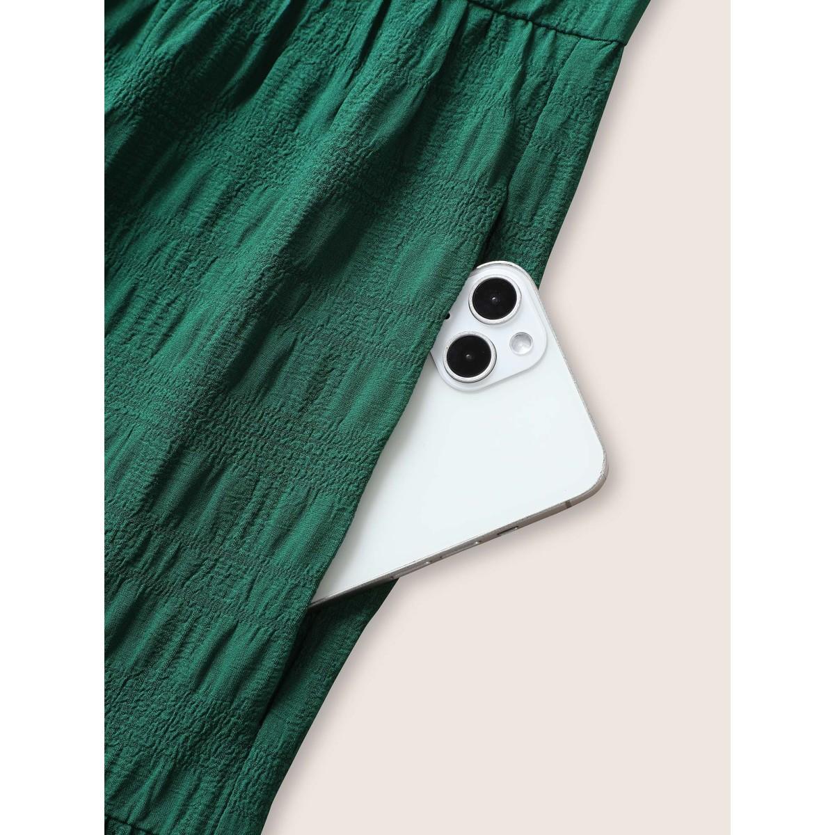 Plus Size Plain Textured A-line Frill Trim Dress Emerald Women Resort Texture Mock Neck Sleeveless Curvy BloomChic 18-20/2X Product Image