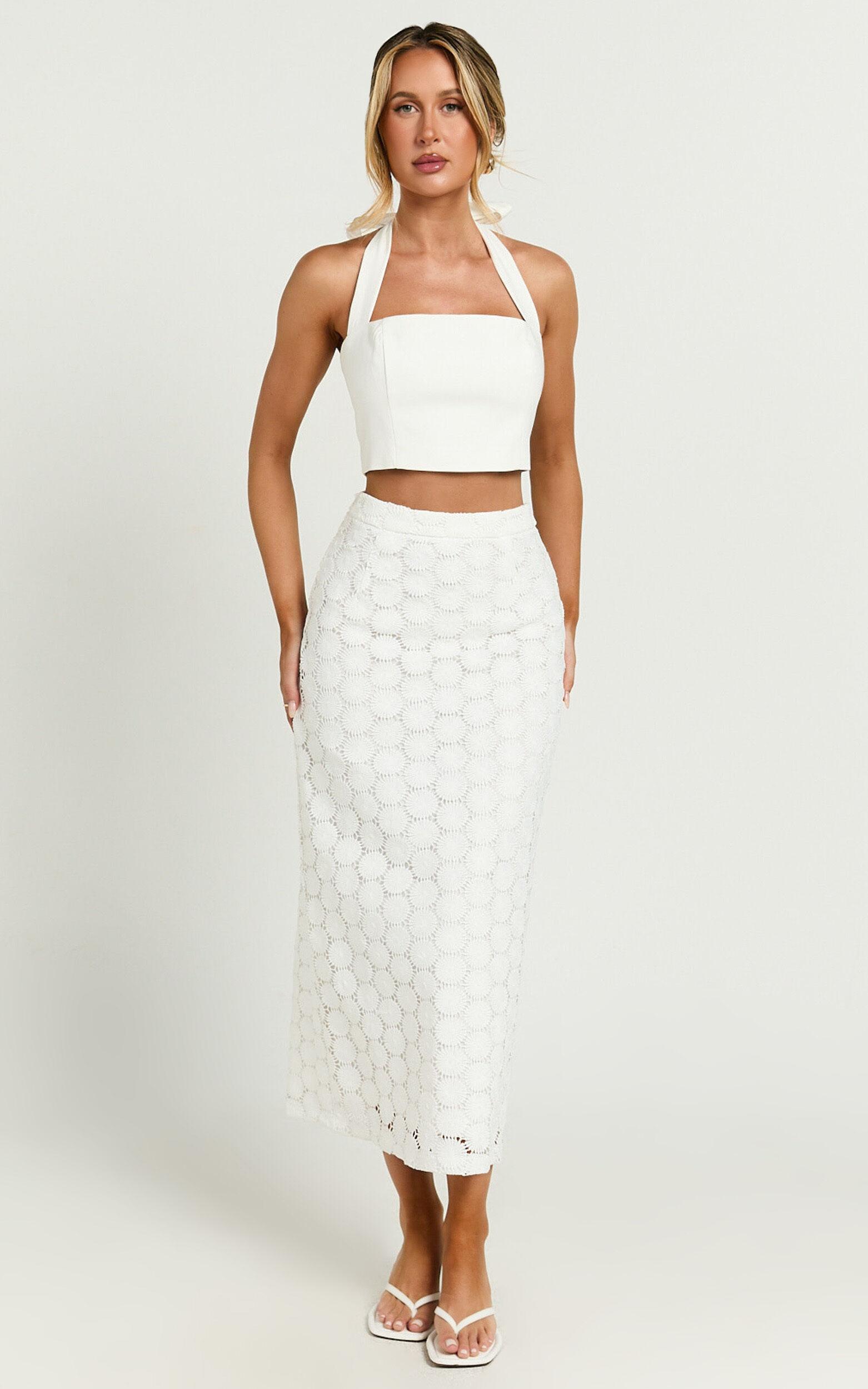 Wendy Midi Skirt - Broderie Lace High Waist Skirt in White Product Image