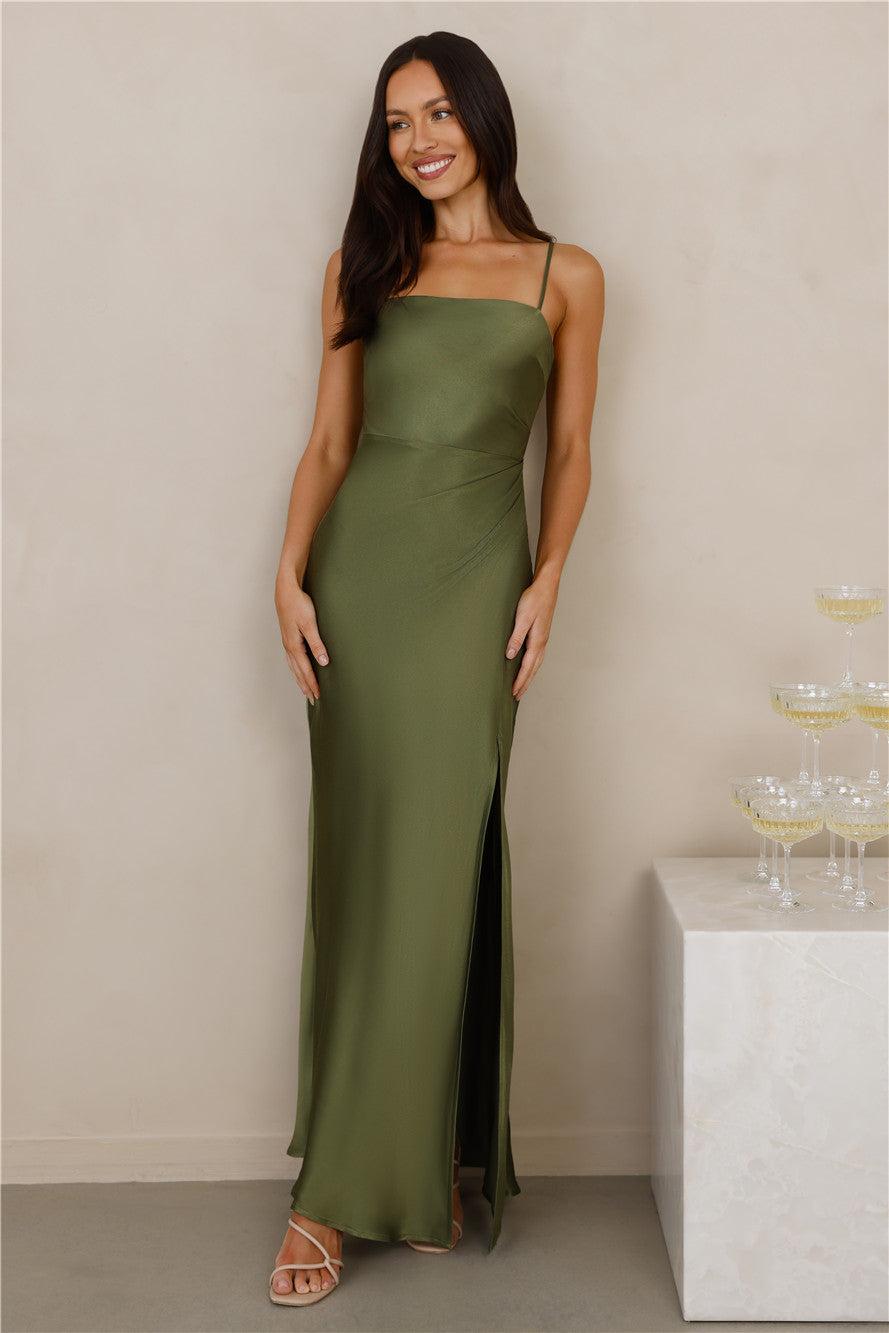 The Violetta Satin Maxi Dress Olive Product Image