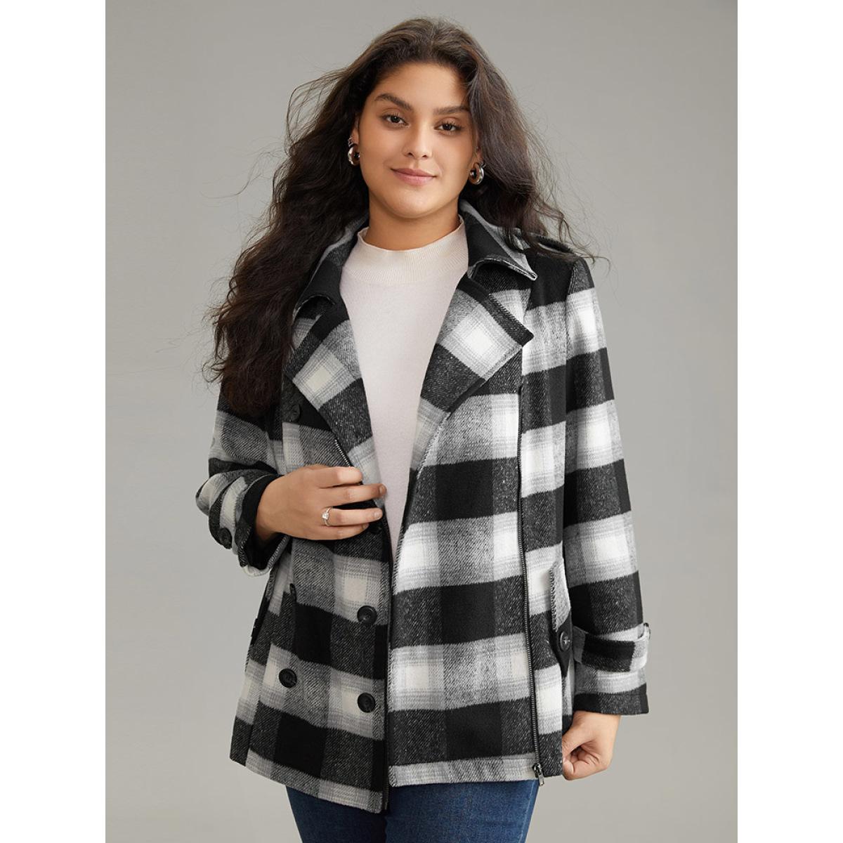 Plus Size Plaid Zipper Fly Double Breasted Detail Coat Women Black Casual Contrast Ladies Dailywear Winter Coats BloomChic 12/L Product Image
