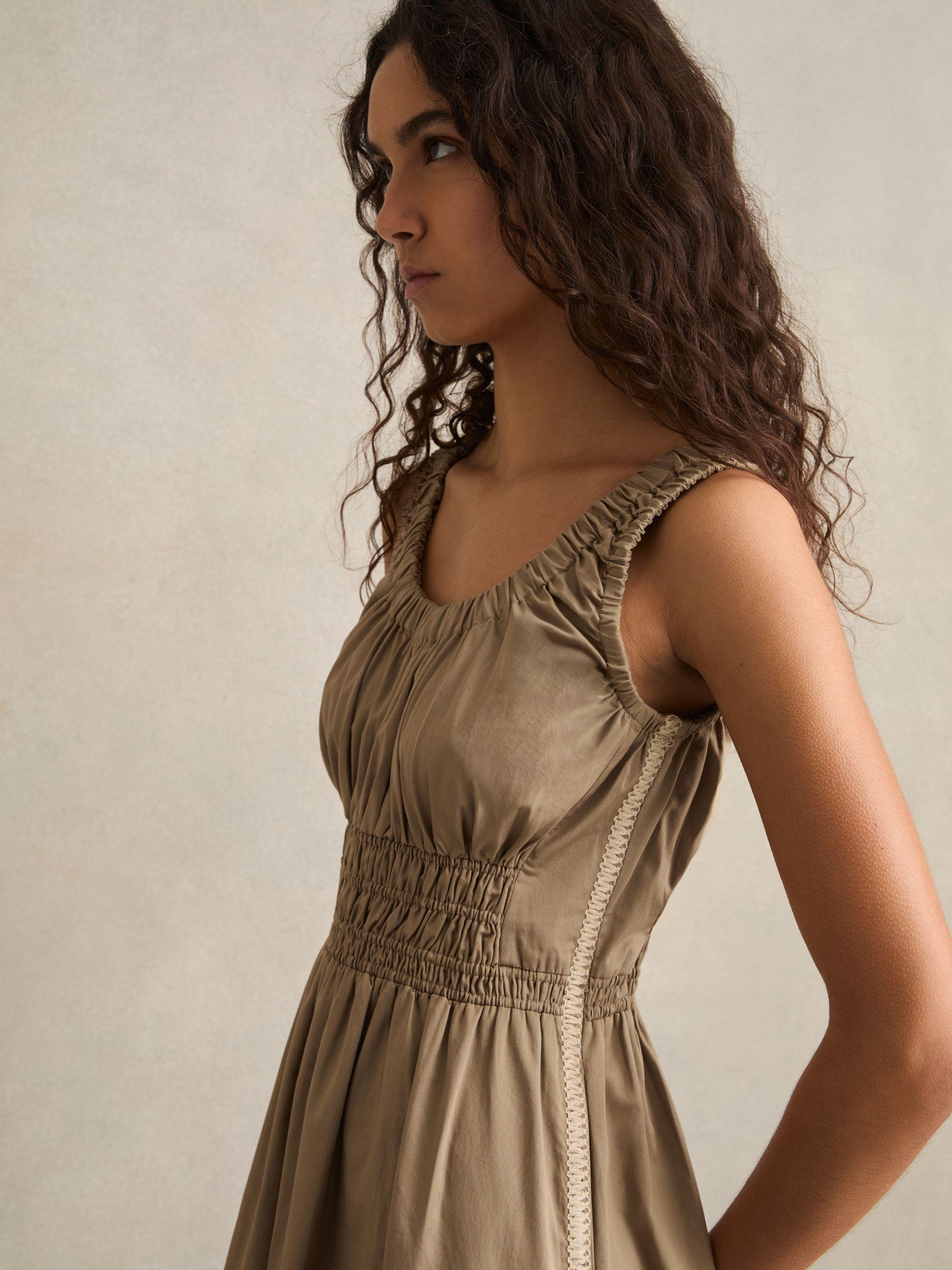 Petite Cotton Craft-Stitch Shirred Midi Dress in Khaki Product Image