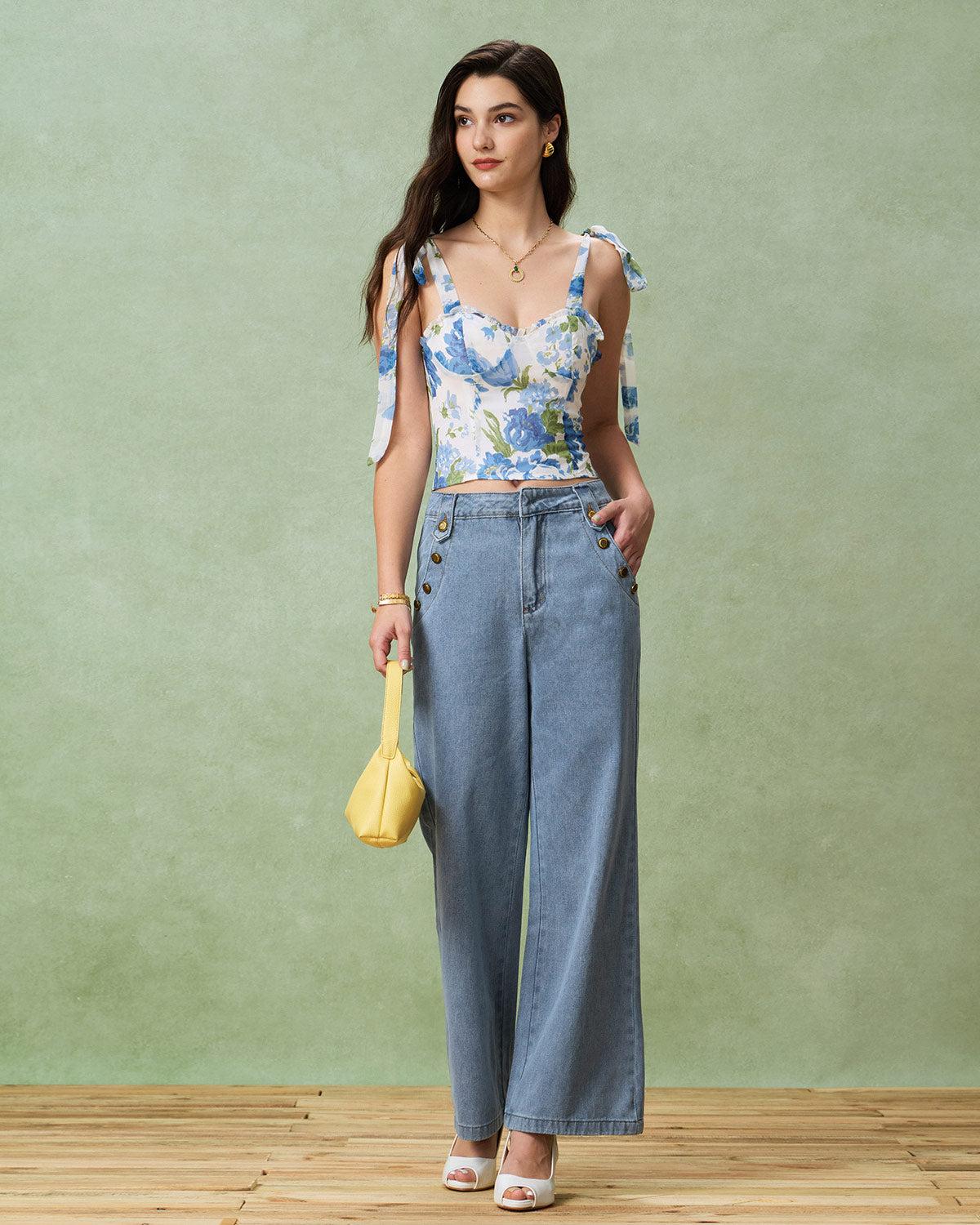 Blue Button Flared Jeans Product Image