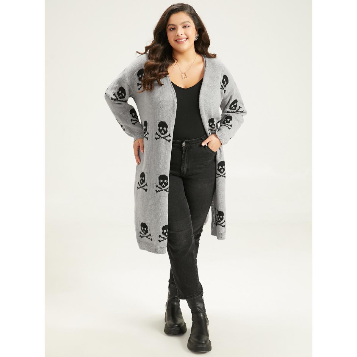 Plus Size Halloween Skull Print Split Side Drop Shoulder Maxi Cardigan Gray Women Casual Loose Long Sleeve Festival-Halloween Cardigans BloomChic 14-16/1X Product Image