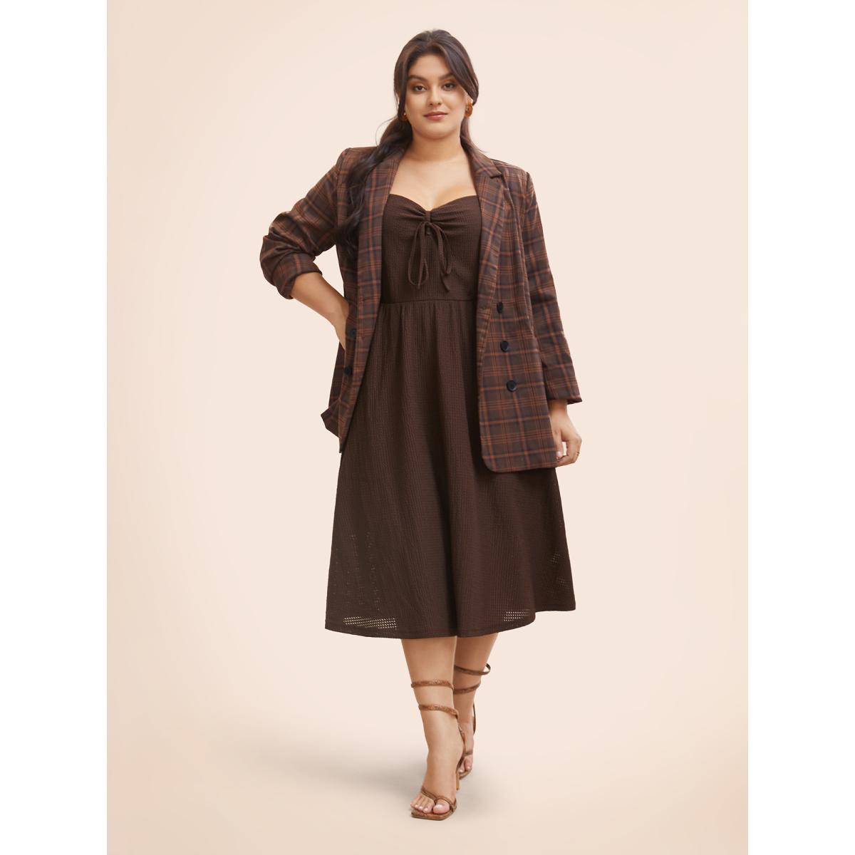 Plus Size Tie Neck Sleeveless Ruched Pocket Dress Browncoffeecolor Women Elegant Tie knot Heart neckline Sleeveless Curvy BloomChic 14-16/1X Product Image