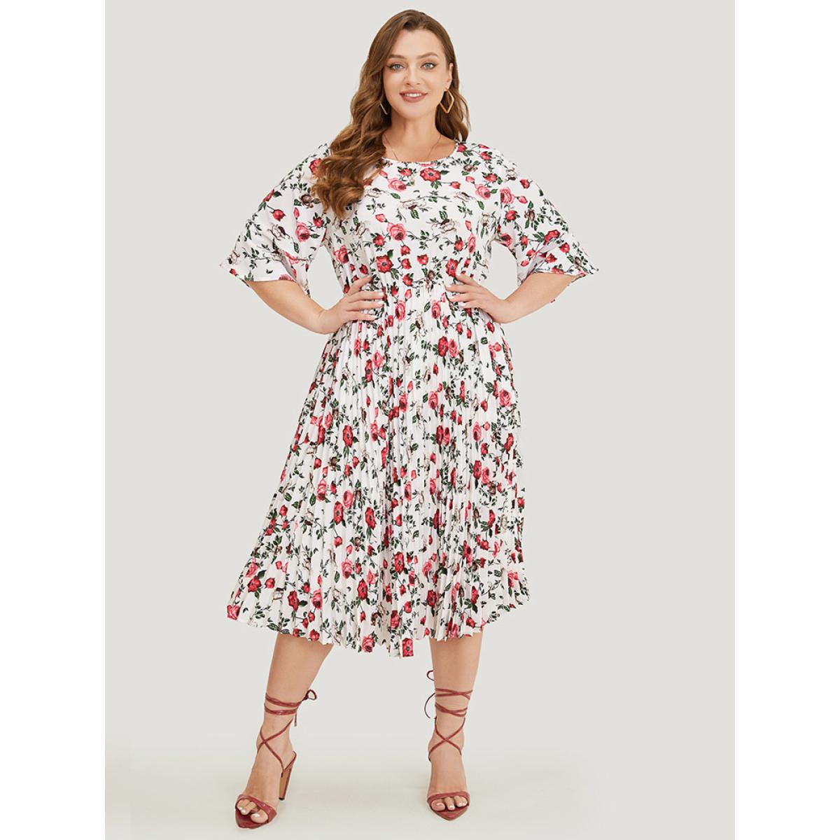 Plus Size Floral Print Pleated Hem Pocket Bell Sleeve Midi Dress Multicolor Women Elegant Pleated Round Neck Half Sleeve Curvy Midi Dress BloomChic 10/M Product Image