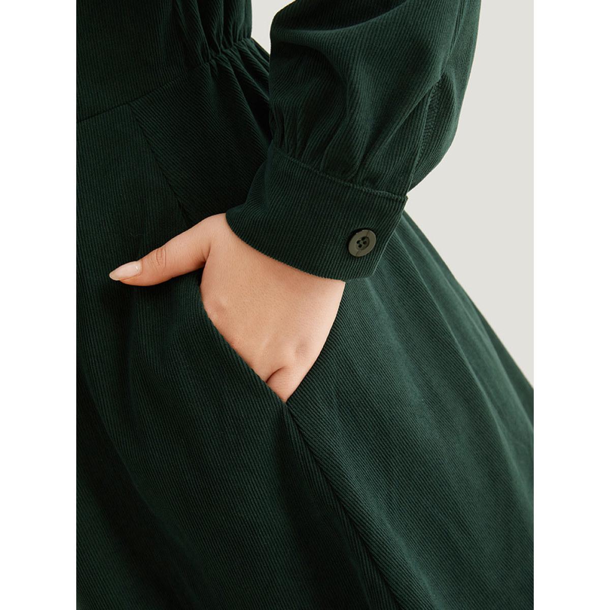 Plus Size Corduroy Plain Pocket Button Detail Dress DarkGreen Women Elegant Gathered Square Neck Long Sleeve Curvy Midi Dress BloomChic 12/L Product Image