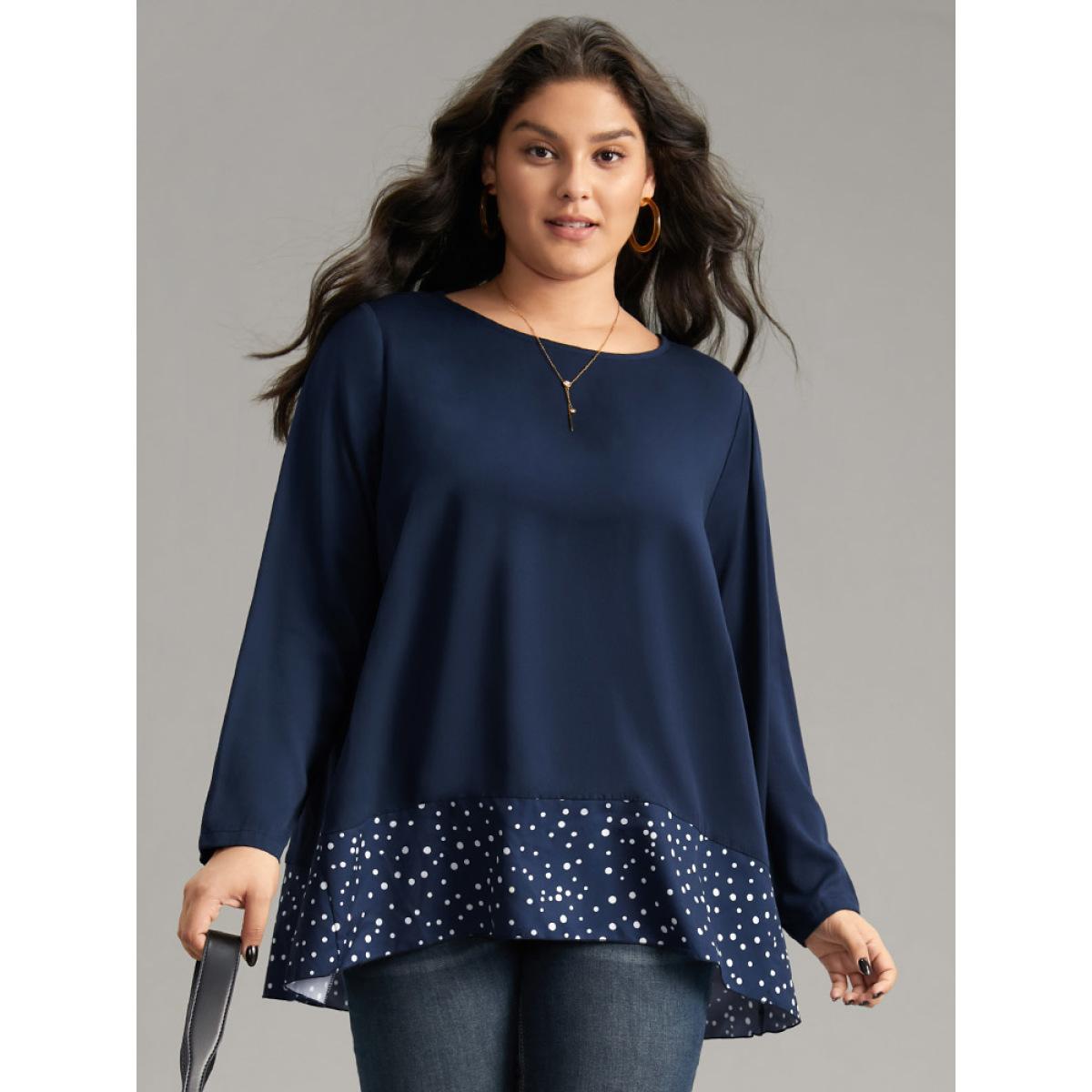 Plus Size Indigo Polka Dot Patchwork Long Sleeve Blouse Women Office Long Sleeve Round Neck Office Blouses BloomChic 30/6X Product Image