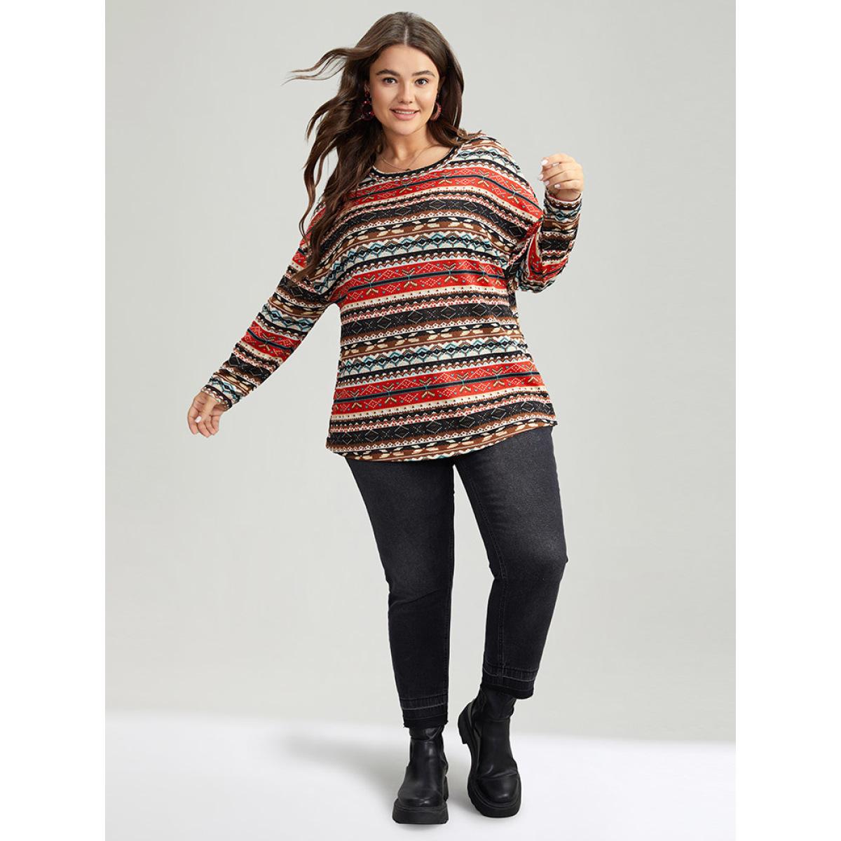 Plus Size Christmas Print Contrast Crew Neck T-shirt Multicolor Women Casual Contrast Graphic-Christmas Round Neck Festival-Christmas T-shirts BloomChic 10/M Product Image