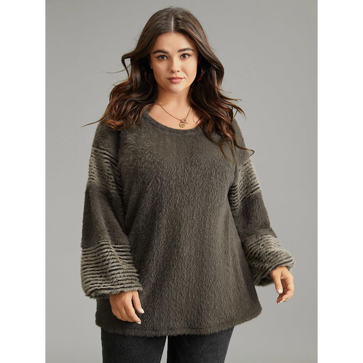Plus Size Striped Patchwork Lantern Sleeve Fluffy Sweatshirt Women DarkBrown Casual Loose Round Neck Dailywear Sweatshirts BloomChic 10/M Product Image