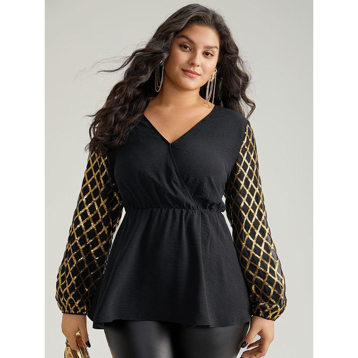 Plus Size Black Plaid Sequin Patchwork Wrap Blouse Women Glamour Long Sleeve Overlap Collar Festival-Christmas Blouses BloomChic 18-20/2X Product Image