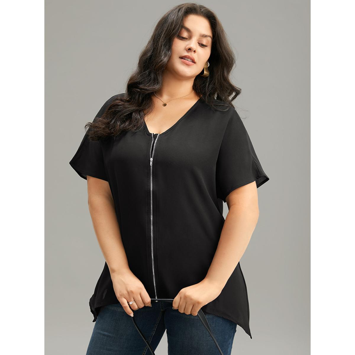 Plus Size Black Plain Zipper Curved Hem Blouse Women Office Short sleeve V-neck Work Blouses BloomChic 10/M Product Image