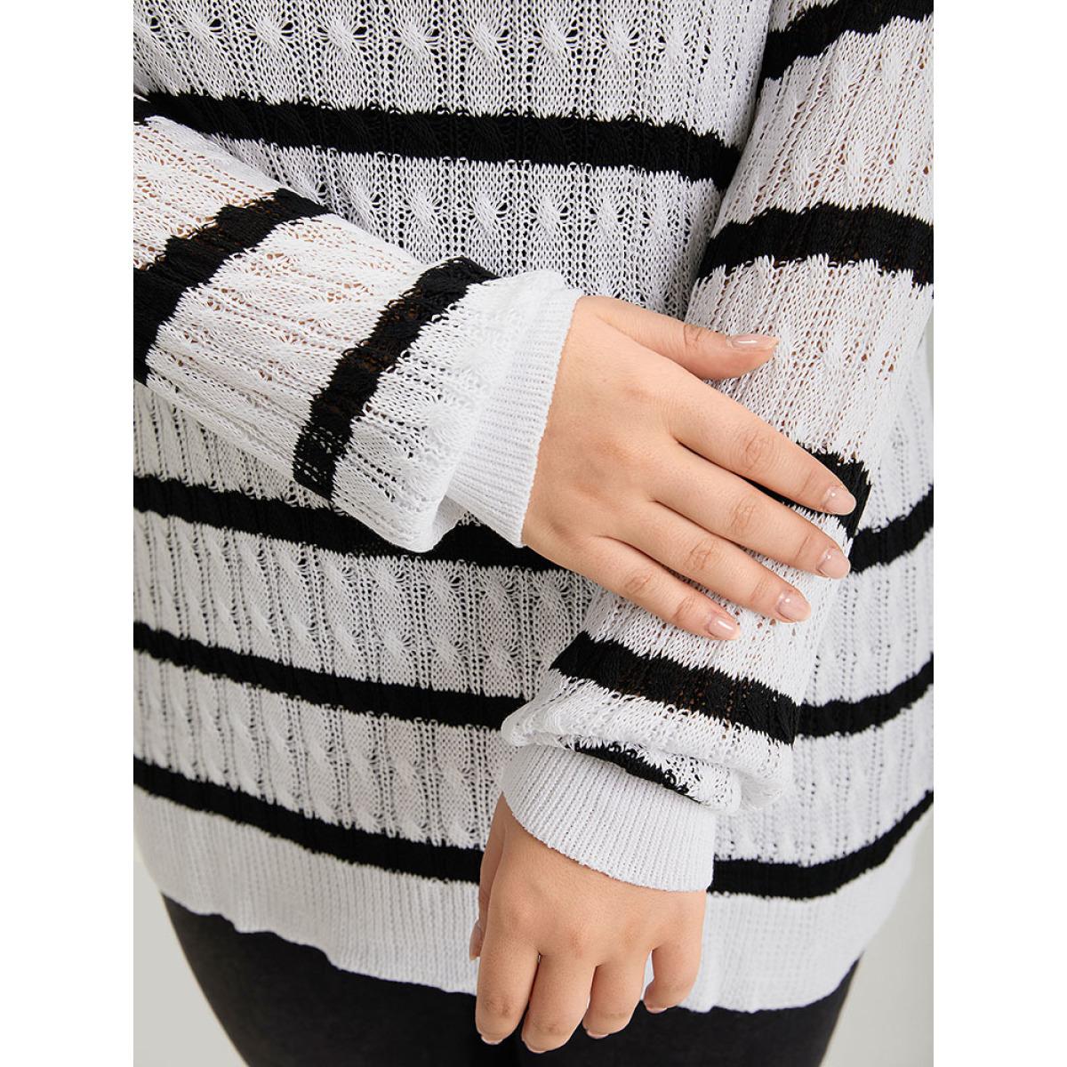 Plus Size Striped Cable Knit Drop Shoulder Pullover White Women Casual Bodycon Long Sleeve Round Neck Everyday Pullovers BloomChic 10/M Product Image