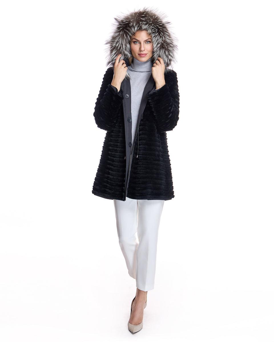 RABBIT REVERSIBLE COAT WITH FOX TRIMMED HOOD Product Image