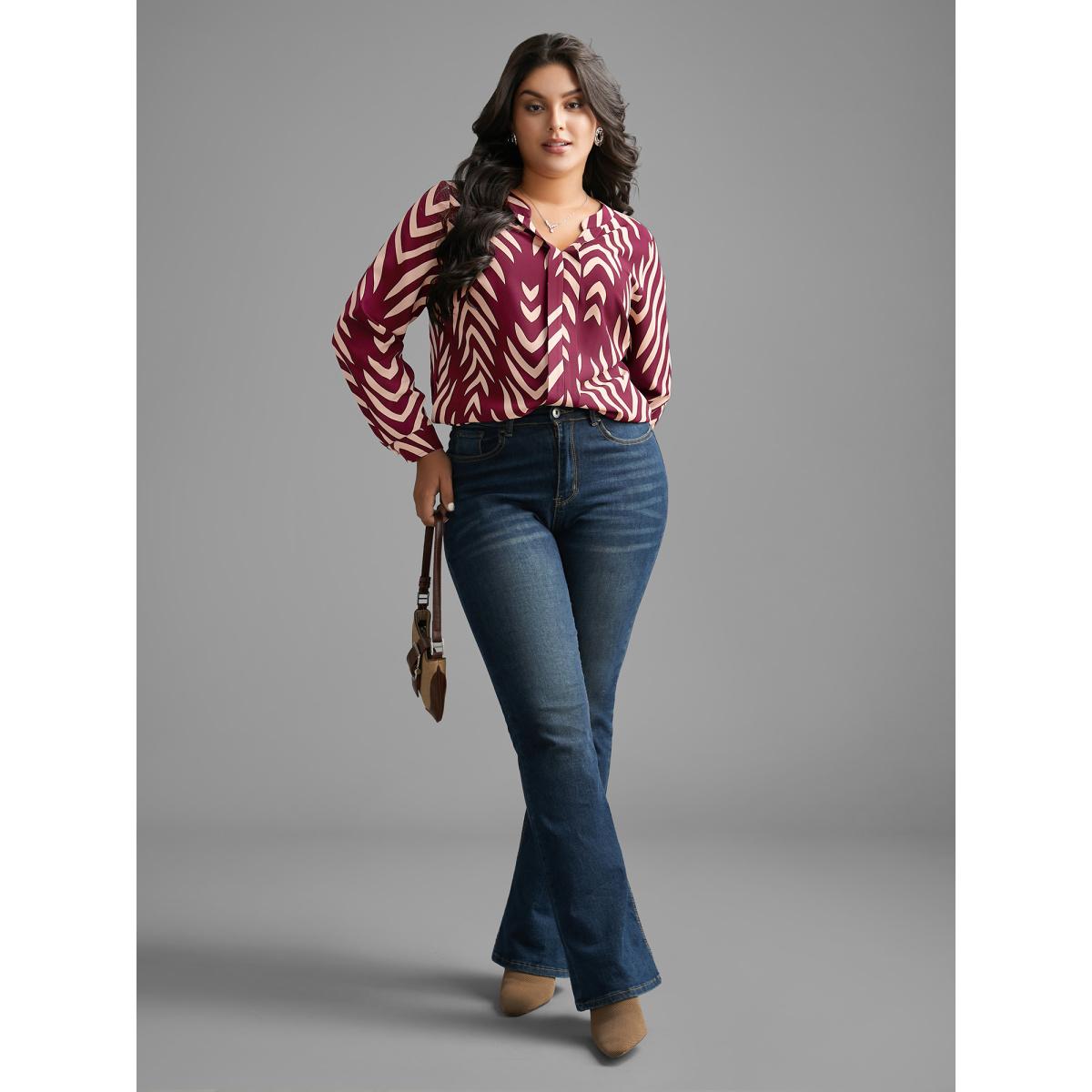 Plus Size RedViolet Geometric Notched Pleated Slit Hem Blouse Women At the Office Extra Long Sleeve Notched collar Office Blouses BloomChic 26/4X Product Image