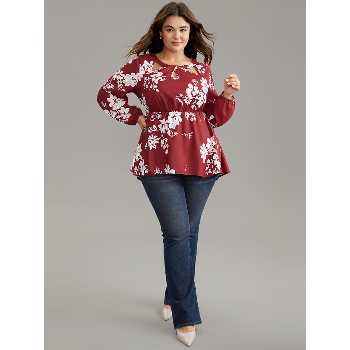 Plus Size Scarlet Silhouette Floral Print Elastic Waist Cut Out Blouse Women Elegant Long Sleeve Round Neck Dailywear Blouses BloomChic 12/L Product Image