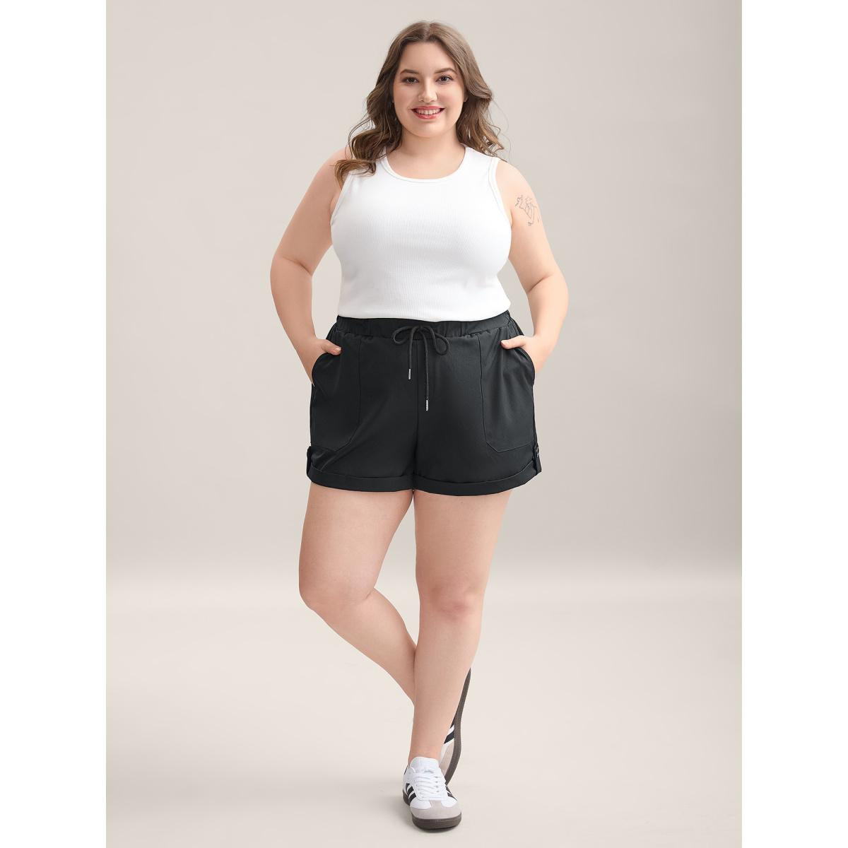 Plus Size Rolled Hem Straight-Leg Drawstring Shorts Women Black Casual Roll Hem Straight Leg Casual Shorts BloomChic 10/M Product Image