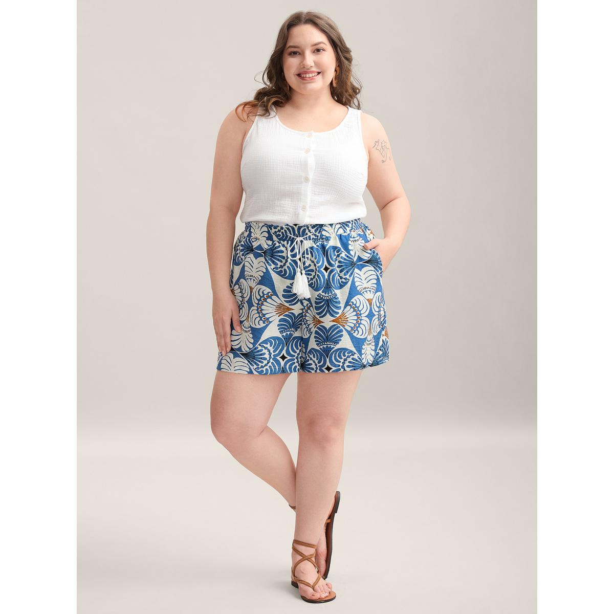 Plus Size Boho Print Shirred Waist Straight-Fit Shorts Women LightBlue Resort Drawstring Straight Leg Vacation Shorts BloomChic 12/L Product Image