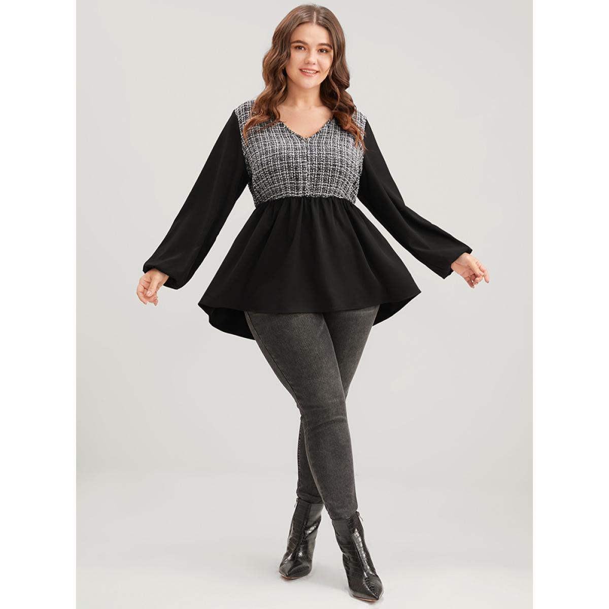 Plus Size Black Gingham Tweed Lantern Sleeve Asymmetrical Hem Blouse Women Elegant Long Sleeve V-neck Dailywear Blouses BloomChic 14-16/1X Product Image