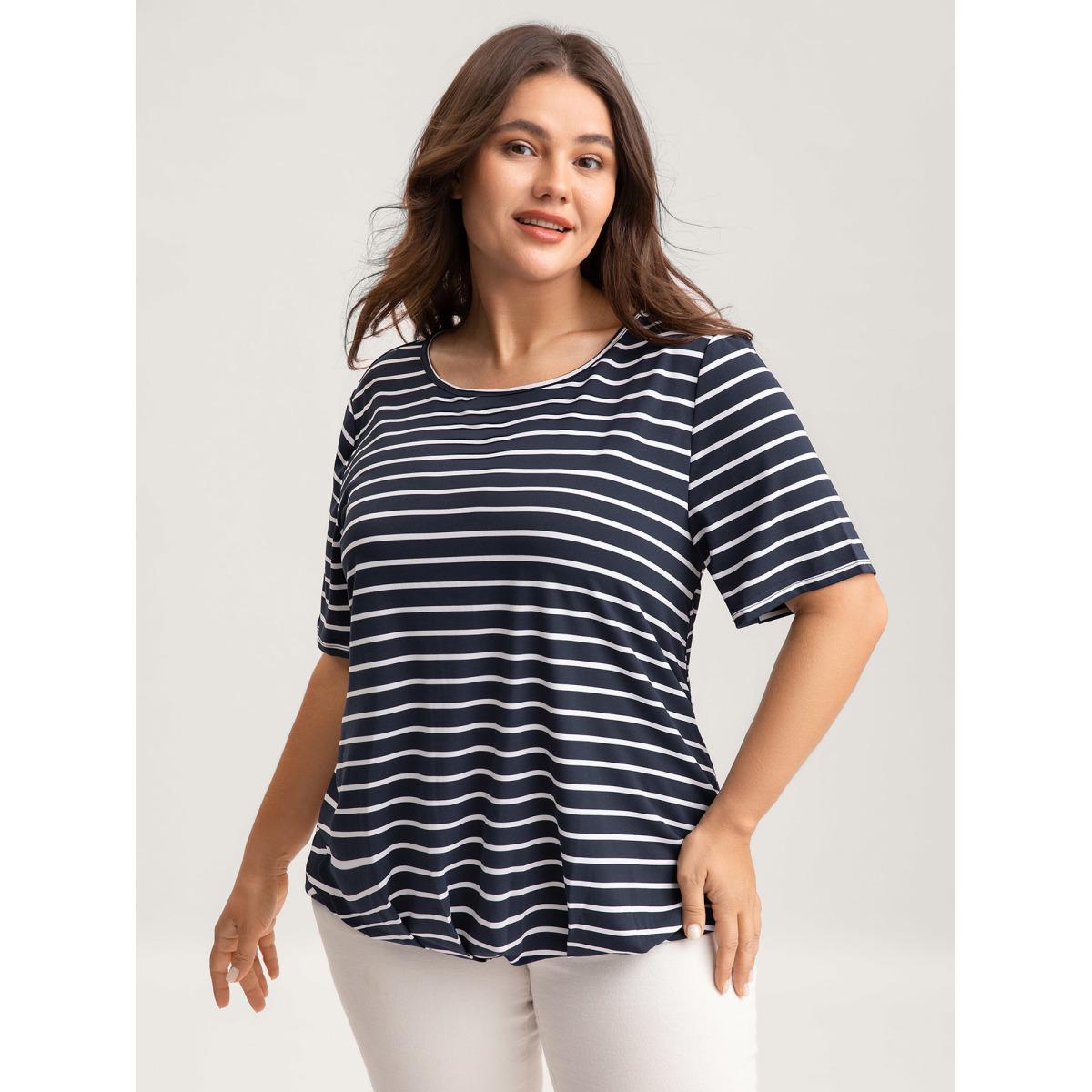 Plus Size Striped Relaxed Fit Round Neck T-Shirt Indigo Women Pleated Round Neck Everyday-Casual T-shirts BloomChic 14-16/1X Product Image