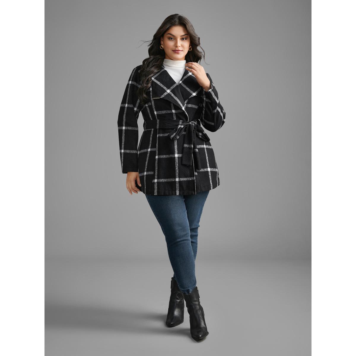 Plus Size Plaid Lapel Collar Belted Jacket Women Black Belted Slanted pocket Belt Everyday Jackets BloomChic 28/5X Product Image