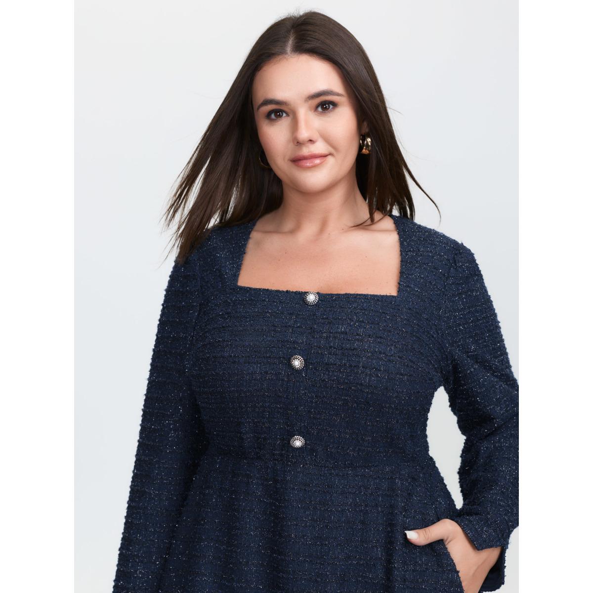 Plus Size Textured Square Neckline Button Midi Dress Indigo Women Office Square Neck Extra Long Sleeve Curvy BloomChic 22-24/3X Product Image