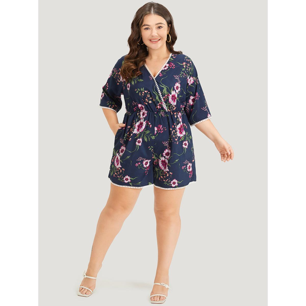 Plus Size DarkBlue Floral Print Overlap Collar Contrast Trim Pocket Jumpsuit Women Vacation Elbow-length sleeve V-neck Dailywear Loose Jumpsuits BloomChic 18-20/2X Product Image