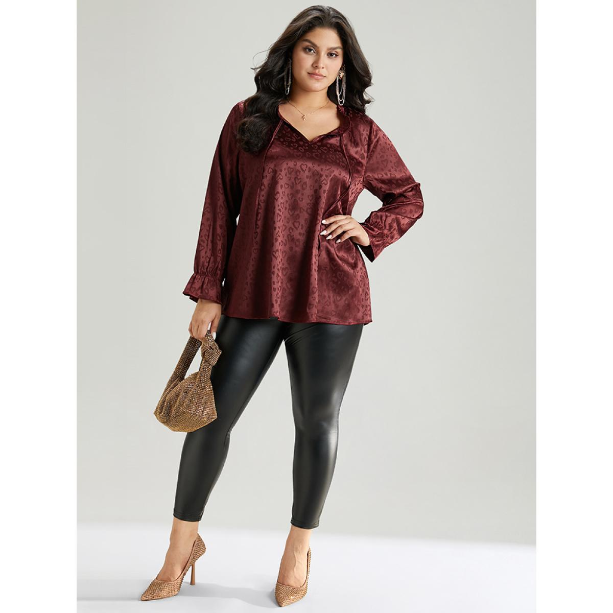 Plus Size Scarlet Solid Knot Neck Frill Trim Flutter Sleeve Blouse Women Glamour Long Sleeve Tie Neck Festival-Christmas Blouses BloomChic 14-16/1X Product Image