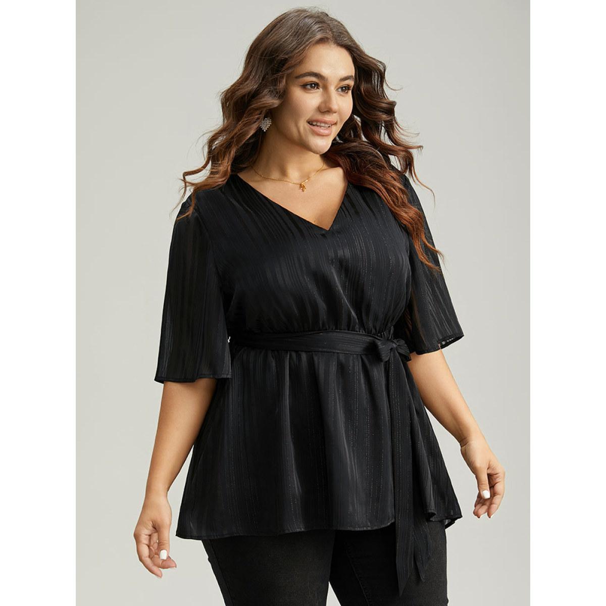 Plus Size Black Solid Chiffon Belted High Low Hem Blouse Women Elegant Half Sleeve V-neck Everyday Blouses BloomChic 18-20/2X Product Image