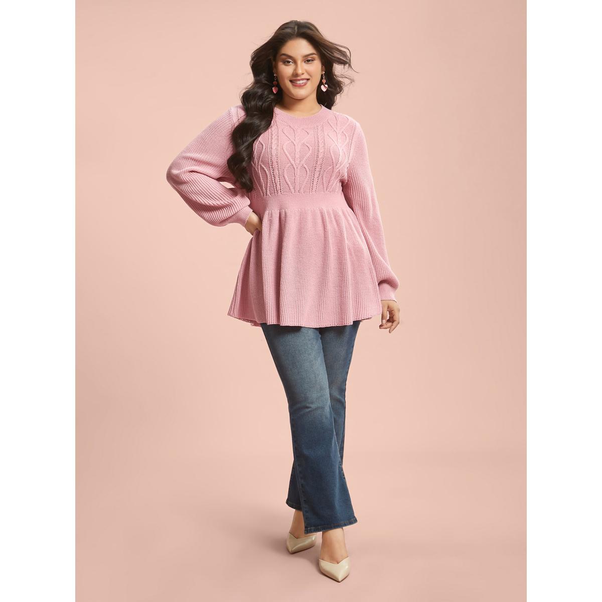 Plus Size Textured Cable-Knit Waist Cinched Pullover Nudepink Women Romantic Bodycon Long Sleeve Round Neck Elegant Pullovers BloomChic 18-20/2X Product Image