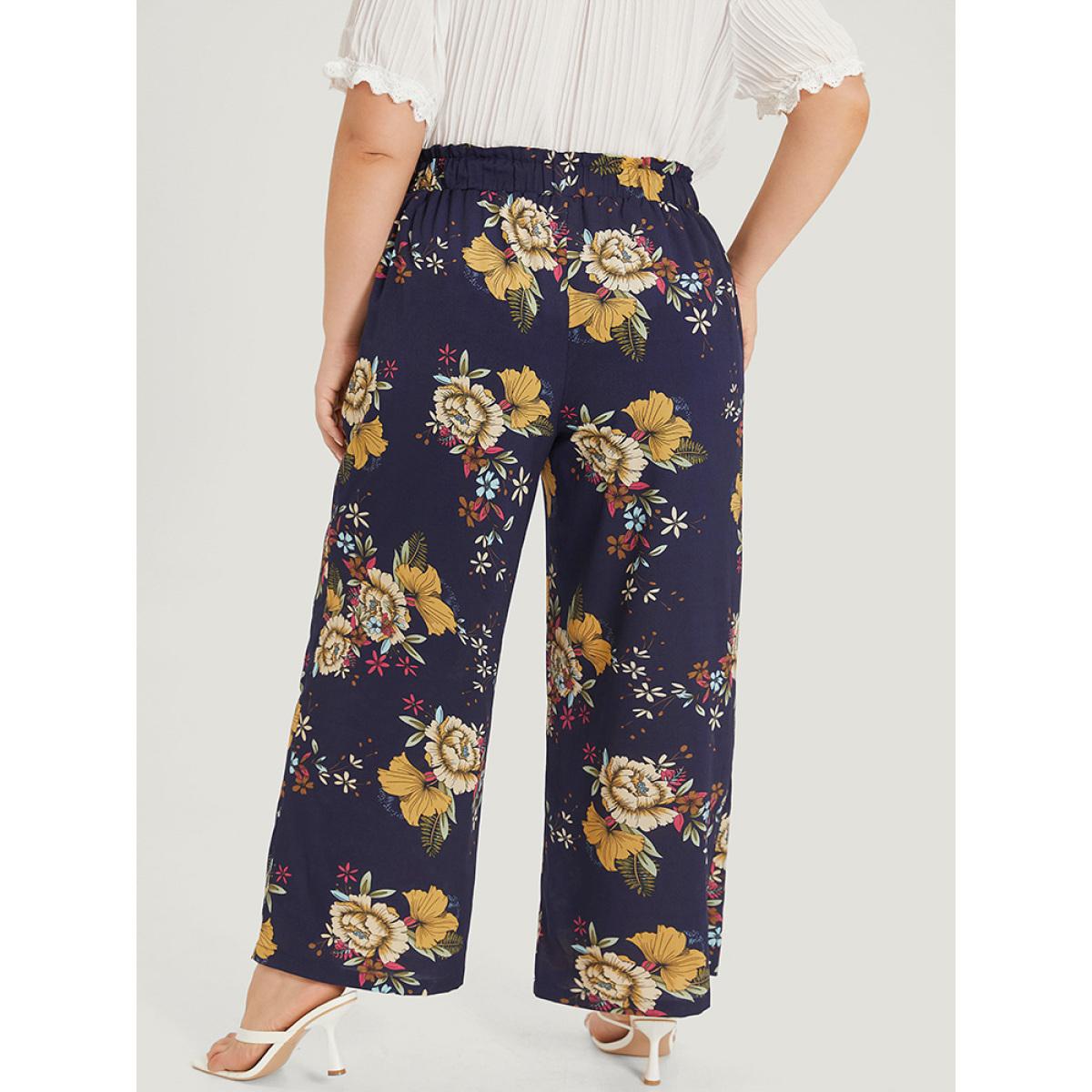 Plus Size Floral Print Pocket Elastic Waist Wide High Rise Pants Women Indigo Elegant Straight Leg High Rise Dailywear Pants BloomChic 22-24/3X Product Image