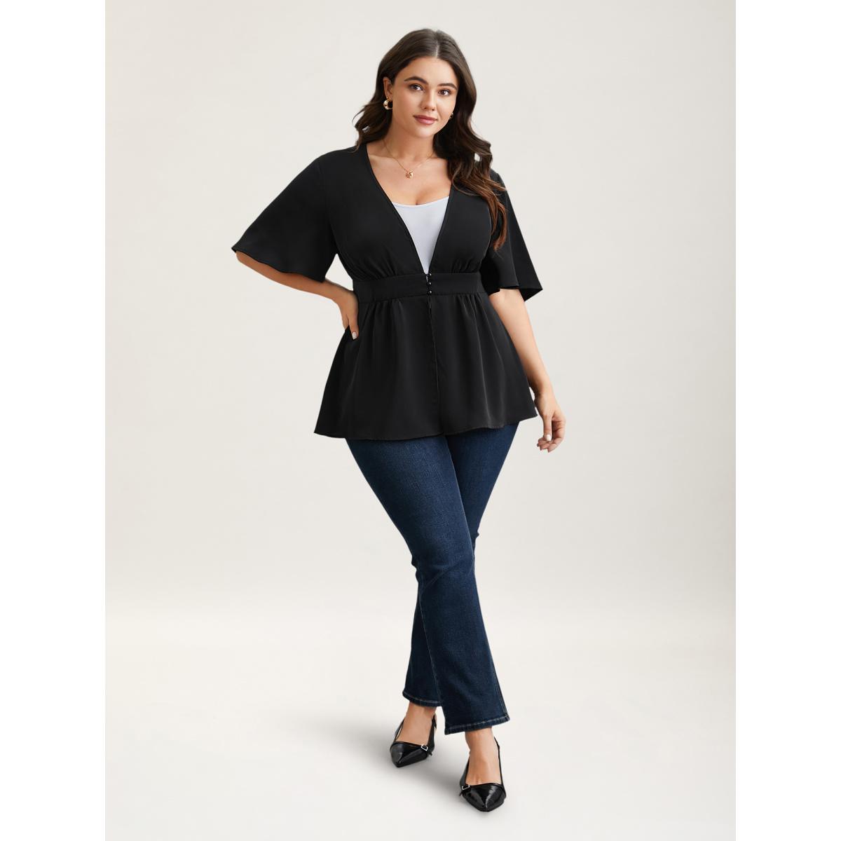 Plus Size Black V-Neck Stretchy-Waist Button Flared Blouse Women Elegant Short sleeve Deep V-neck Everyday Blouses BloomChic 22-24/3X Product Image