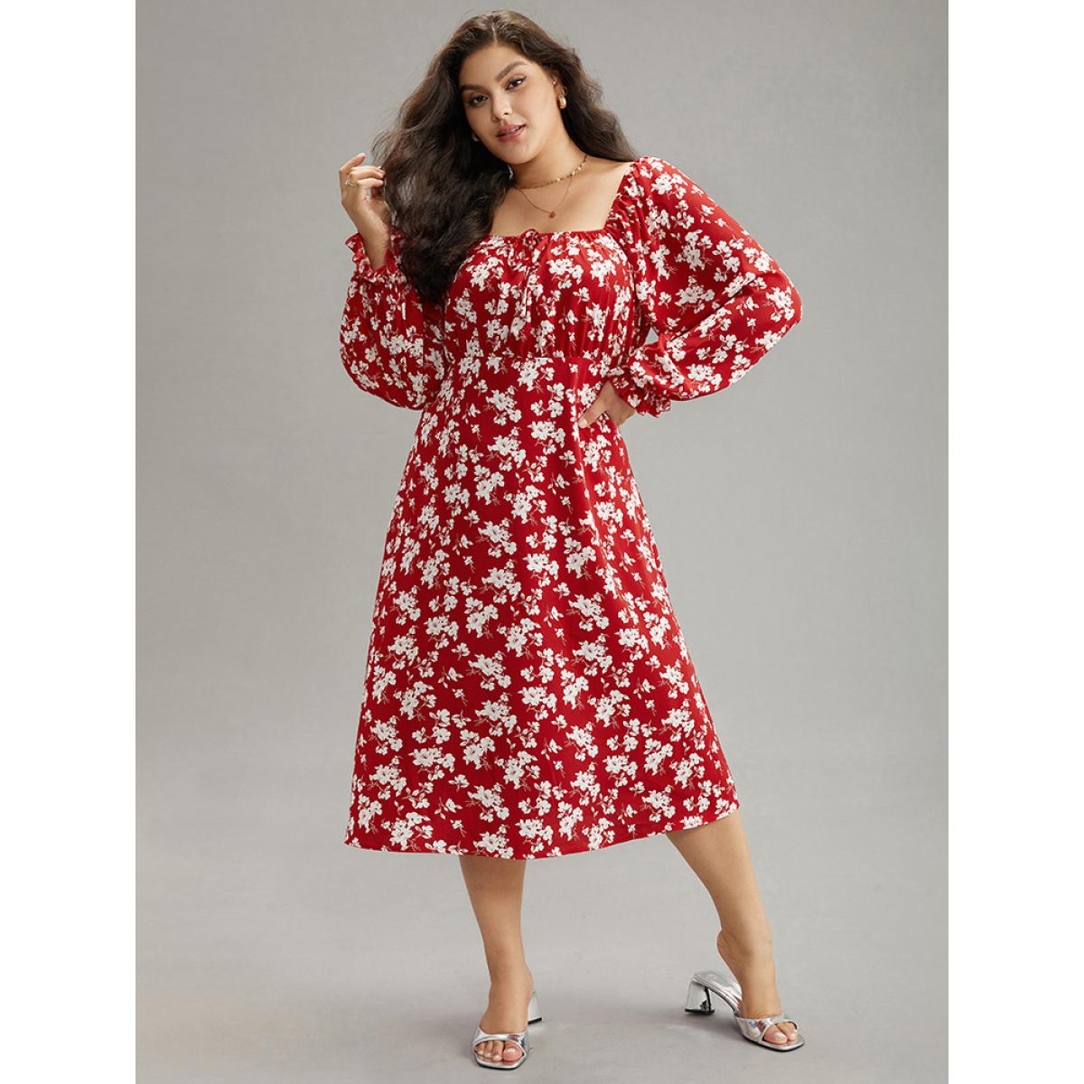 Plus Size Silhouette Floral Print Ties Lantern Sleeve Dress Crimson Women Elegant Gathered Square Neck Long Sleeve Curvy Midi Dress BloomChic 12/L Product Image