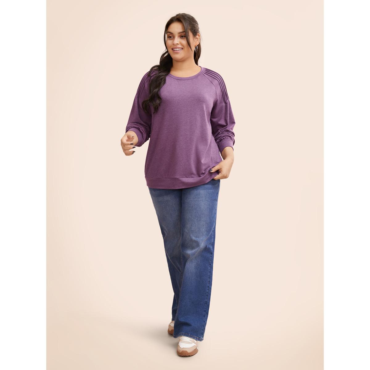 Plus Size Solid Heather Raglan Sleeve Pleated Sweatshirt Women Deeppurplered Casual Pleated Round Neck Everyday Sweatshirts BloomChic 14-16/1X Product Image