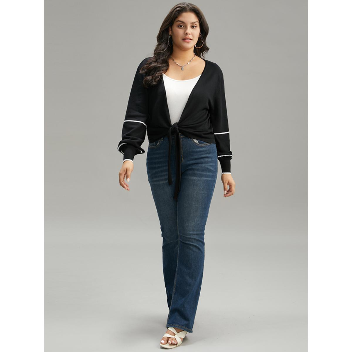 Plus Size Supersoft Essentials Striped Contrast Ties Lantern Sleeve Cardigan Black Women Casual Loose Long Sleeve Dailywear Cardigans BloomChic 14-16/1X Product Image