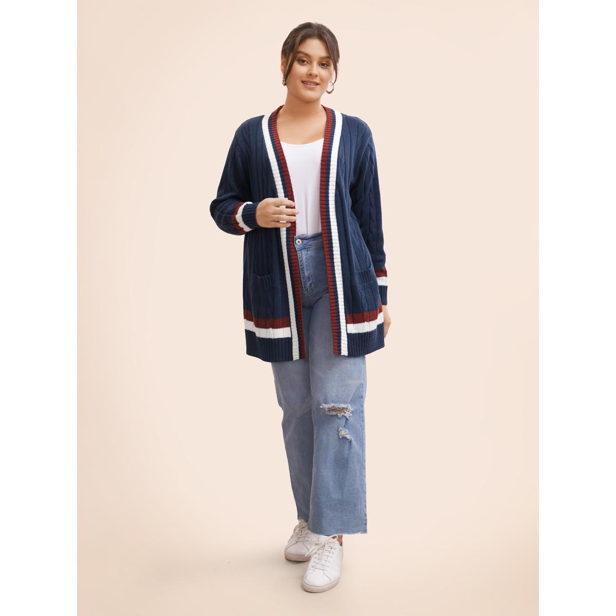 Plus Size Contrast Striped Patch Pocket Cable Knit Cardigan Indigo Women Playful Loose Long Sleeve Casual Cardigans BloomChic 30/6X Product Image