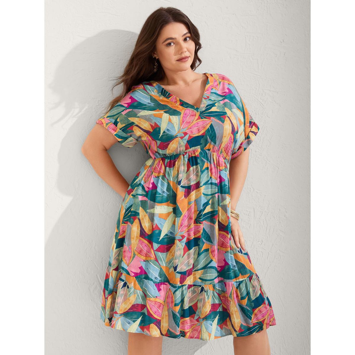 Plus Size Rayon Leafy Print Pockets Midi Dress Teal Women Resort V-neck Short sleeve Curvy BloomChic 10/M Product Image