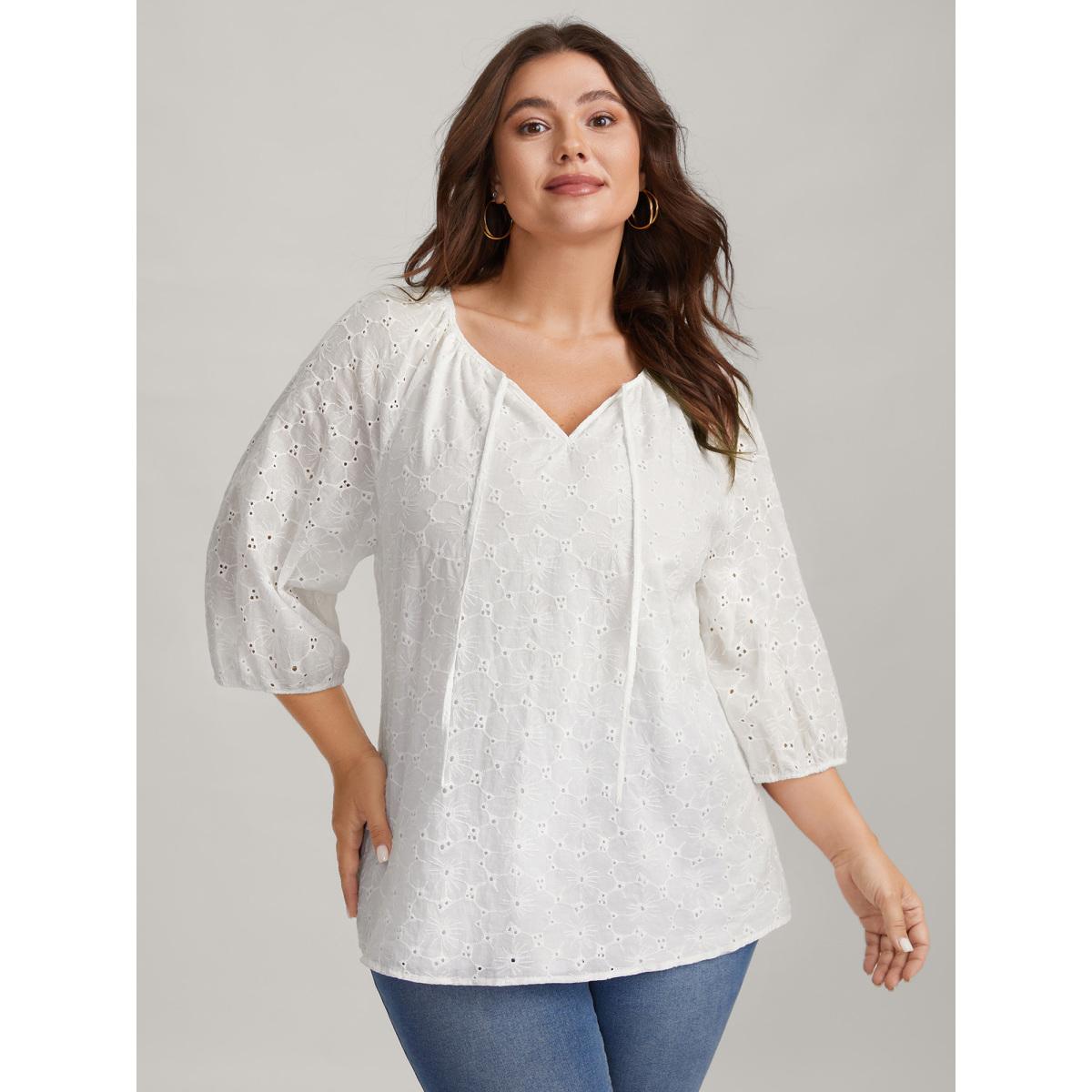 Plus Size WhiteSmoke Pure Cotton Eyelet Texture Blouse Women Timeless Elbow-length sleeve Notched collar Elegant Blouses BloomChic 18-20/2X Product Image