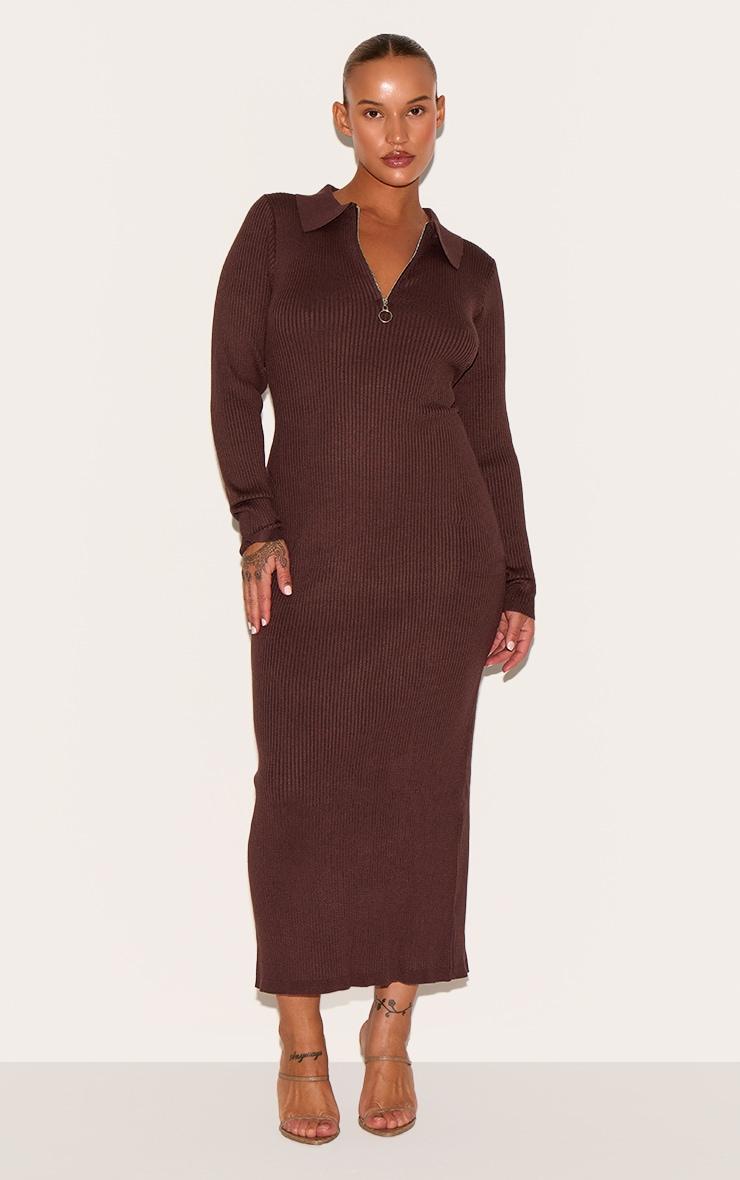 Plus Chocolate Half Zip Collared Detail Midaxi Dress Product Image