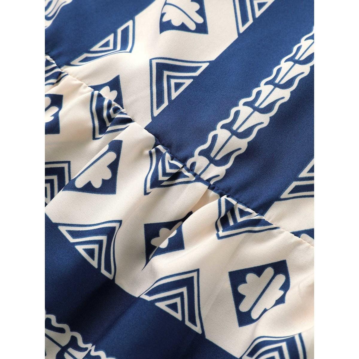 Plus Size Bandana Print Patchwork Elastic Waist Dress DarkBlue Women Resort Non V-neck Short sleeve Curvy Midi Dress BloomChic 14-16/1X Product Image