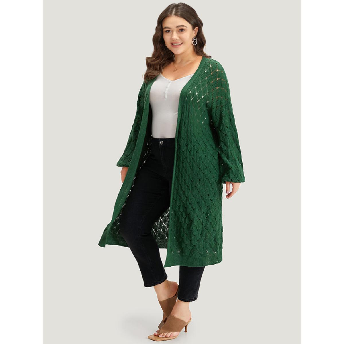Plus Size Plain Geo Eyelet Drop Shoulder Maxi Cardigan Emerald Women Casual Loose Long Sleeve Dailywear Cardigans BloomChic 30/6X Product Image