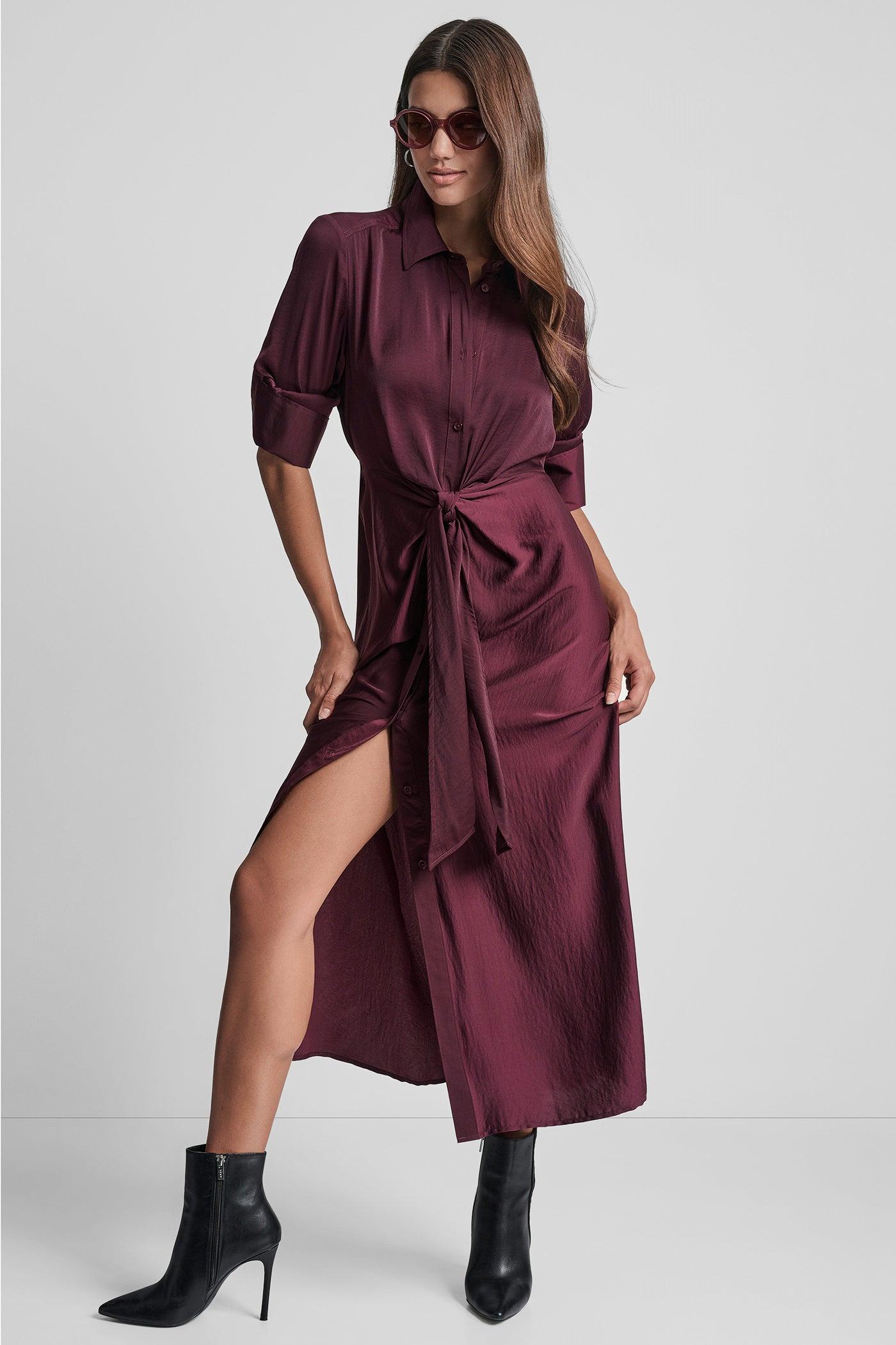 LONG SLEEVE BUTTON FRONT SHIRT DRESS WITH TIE WAIST Product Image