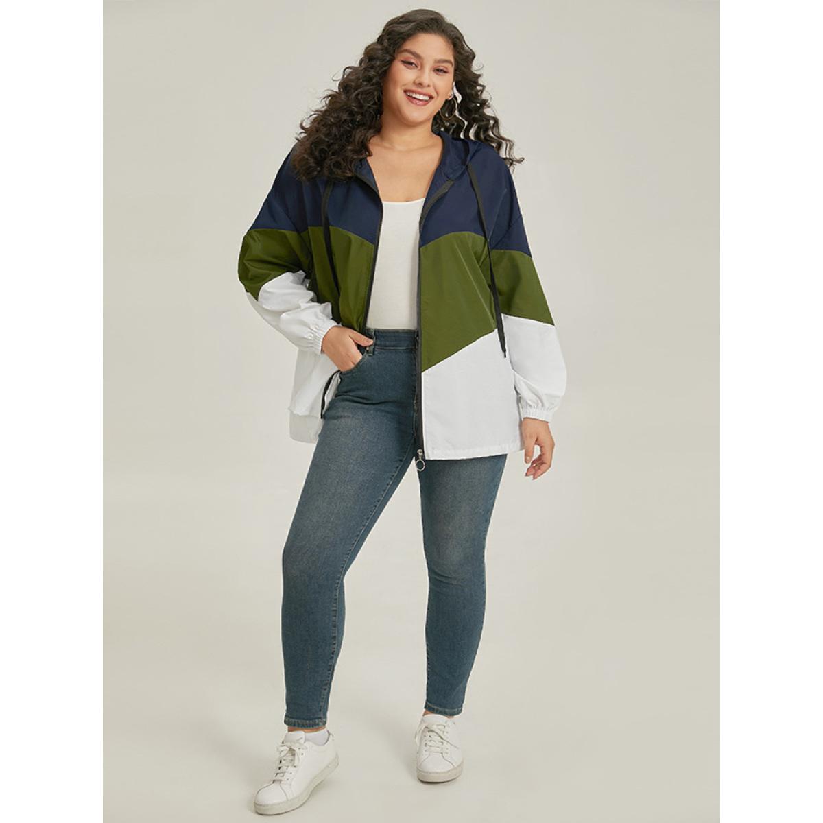 Plus Size Colorblock Contrast Drawstring Hooded Zipper Jacket Women ArmyGreen Elastic cuffs Pocket Dailywear Jackets BloomChic 18-20/2X Product Image