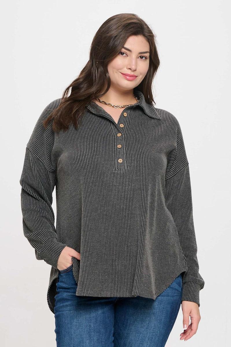 Plus Pinstripe Collared Half Button Knit Top Product Image