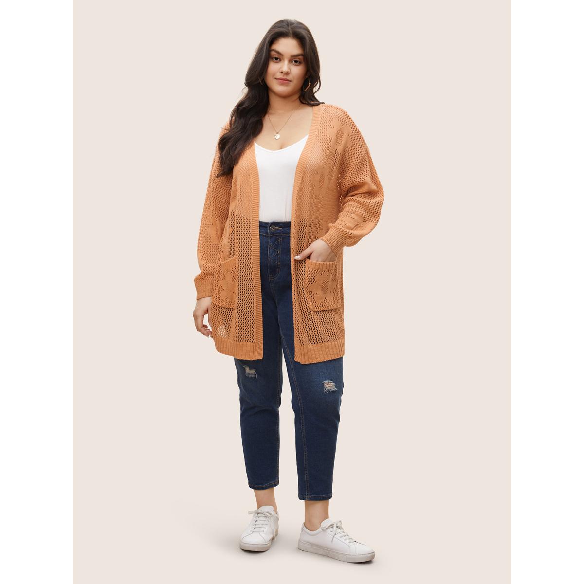 Plus Size Solid Floral Pocket Pointelle Knit Cardigan Coral Women Everyday Casual Cover Ups Bloomchic 14-16/1X Product Image