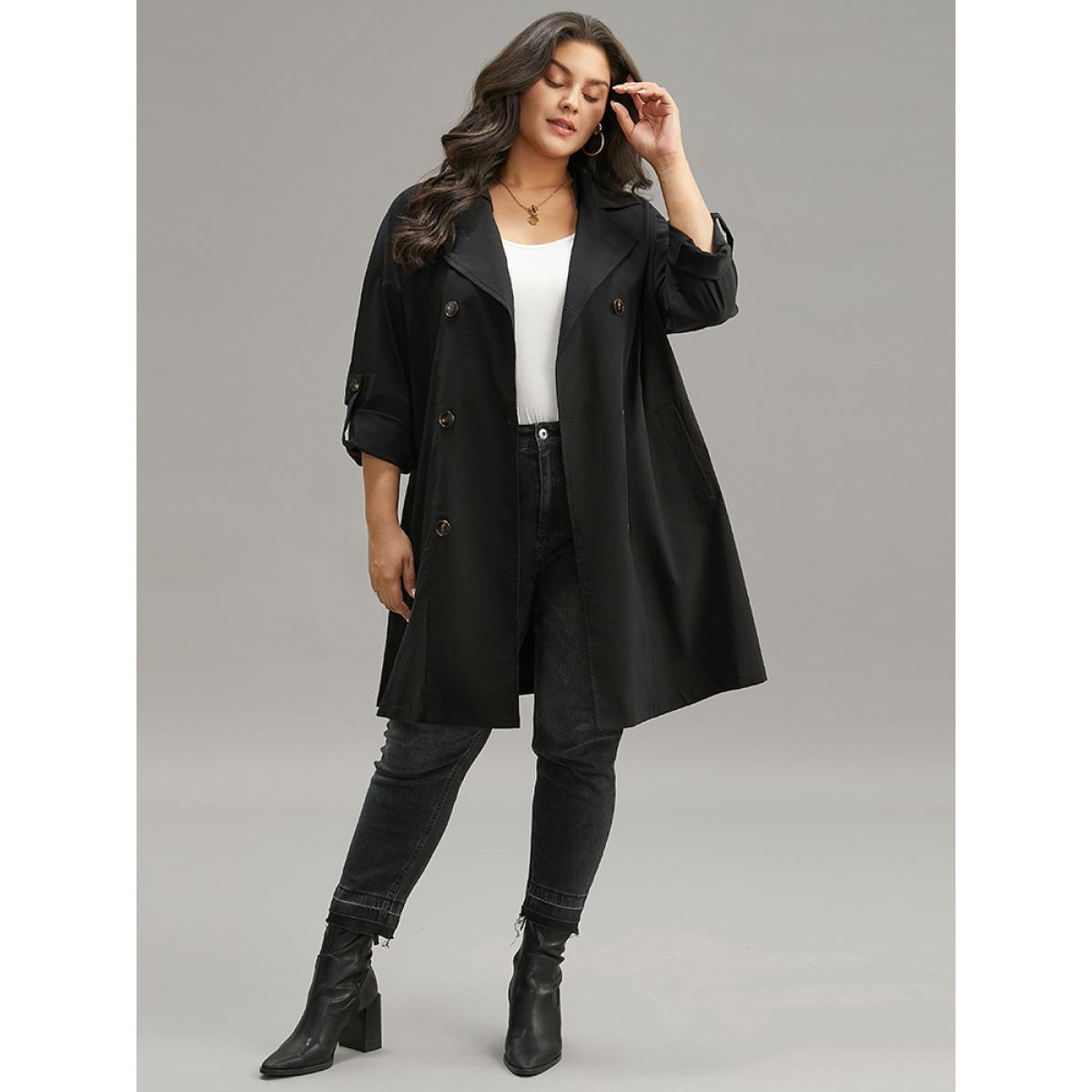 Plus Size Halloween Plain Lapel Collar Button Up Tab Sleeve Coat Women Black Casual Plain Ladies Dailywear Winter Coats BloomChic 30/6X Product Image