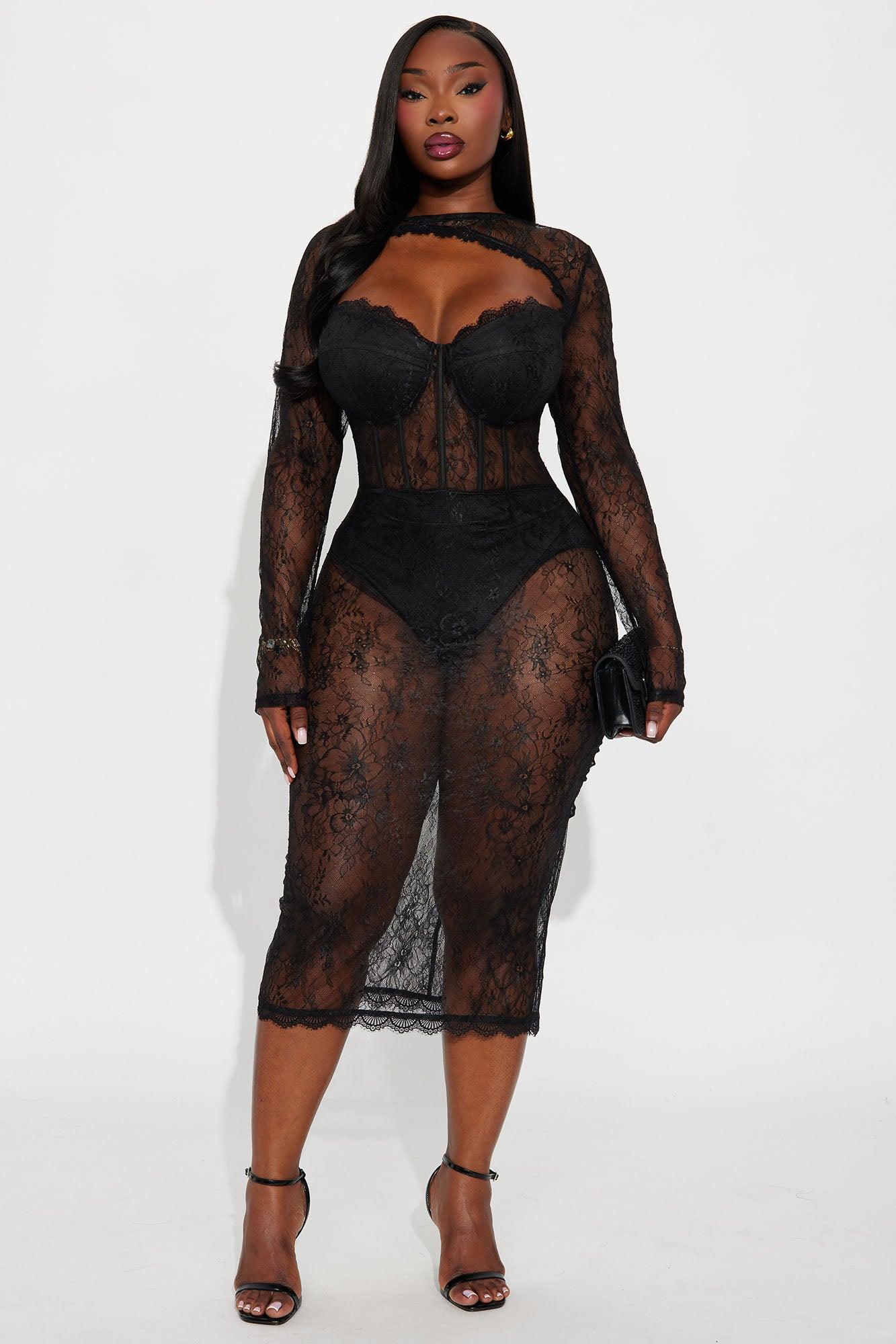 Eden Long Sleeve Lace Midi Dress - Black Female Product Image