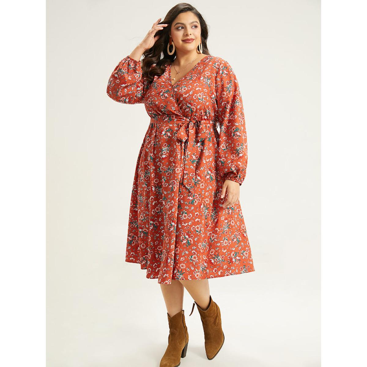 Plus Size Floral Print Belted Elastic Cuffs Dress Rust Women Elegant Elastic cuffs V-neck Long Sleeve Curvy Midi Dress BloomChic 28/5X Product Image