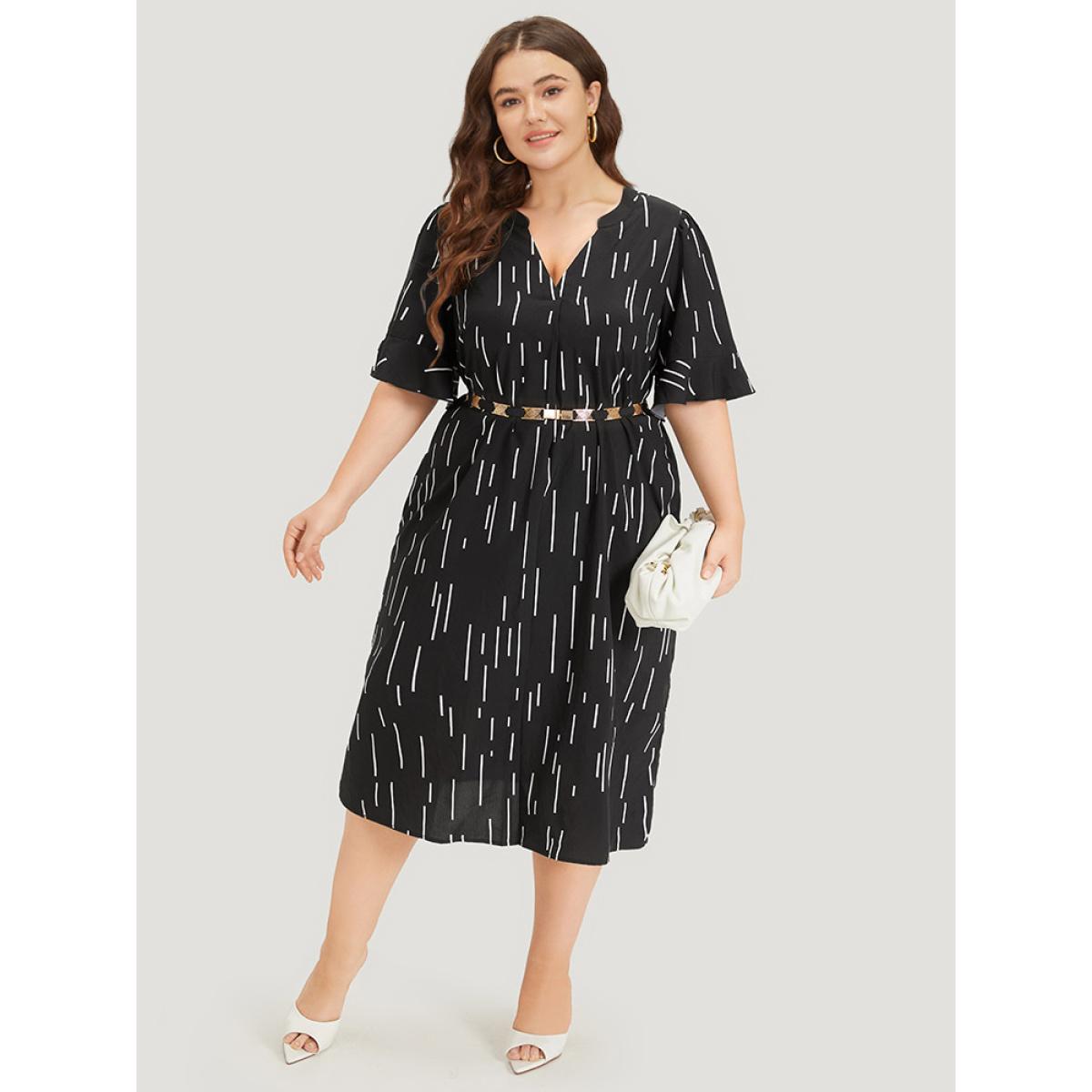 Plus Size Line Print Notched Bell Sleeve Ruffle Hem Dress Black Women Office Plain Notched collar Half Sleeve Curvy Midi Dress BloomChic 18-20/2X Product Image