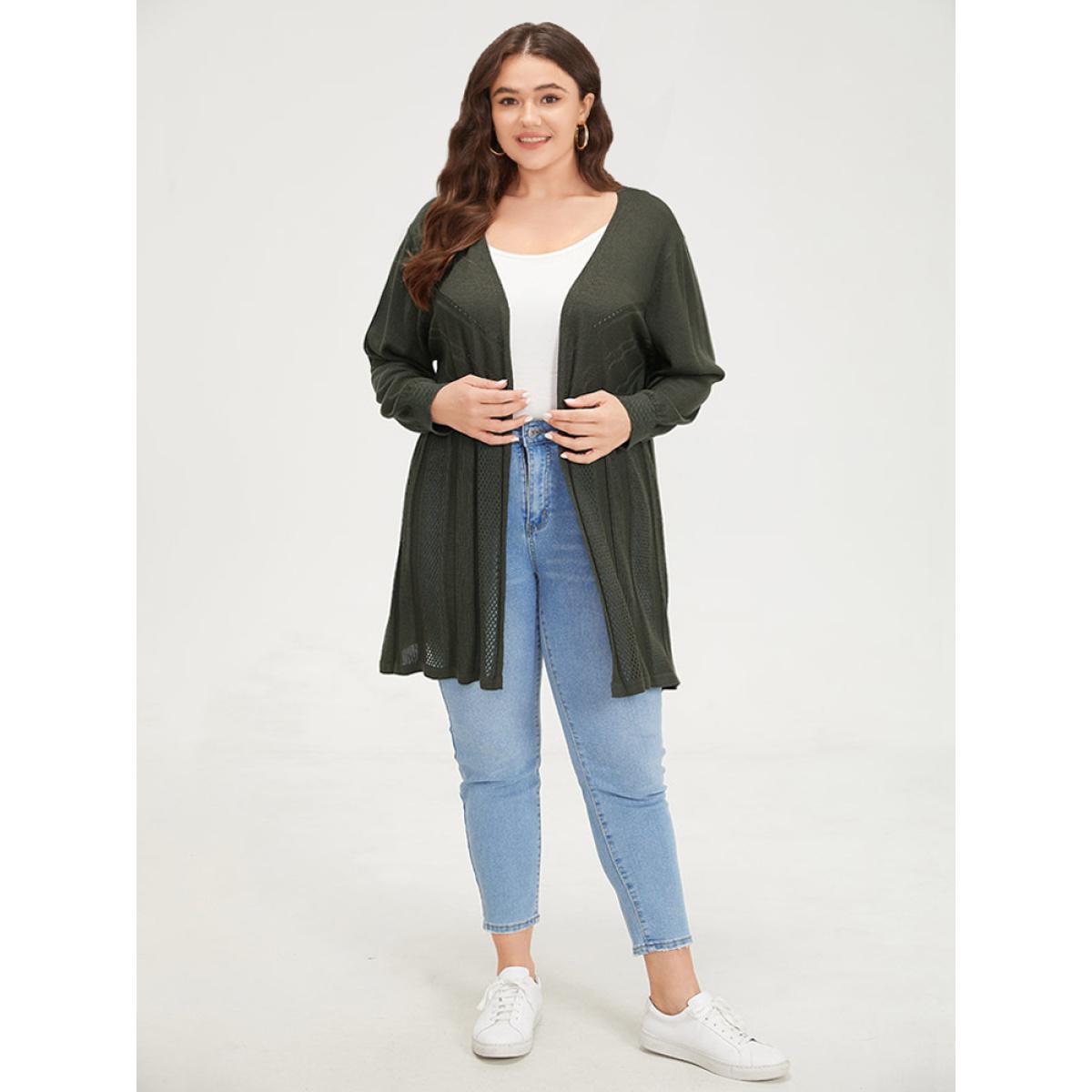 Plus Size Supersoft Essentials Solid Open Front Geo Eyelet Cardigan ArmyGreen Women Casual Loose Long Sleeve Everyday Cardigans BloomChic 12/L Product Image